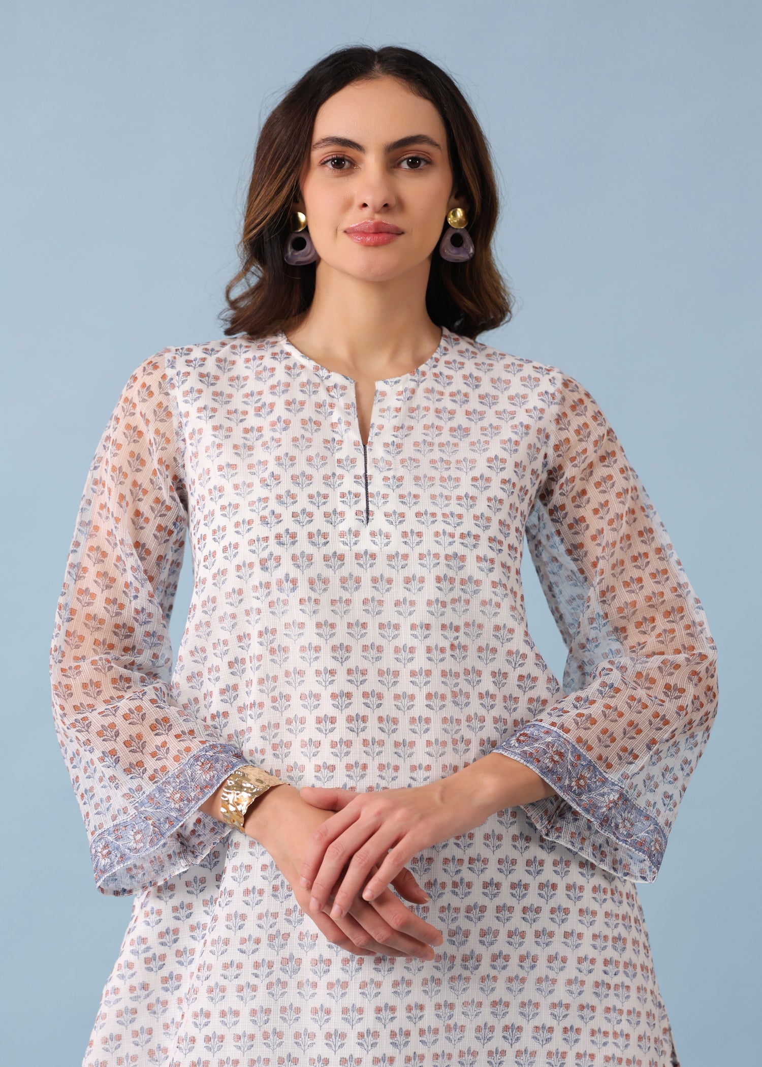 Bell Sleeve Short Kurta Set – Blue /White