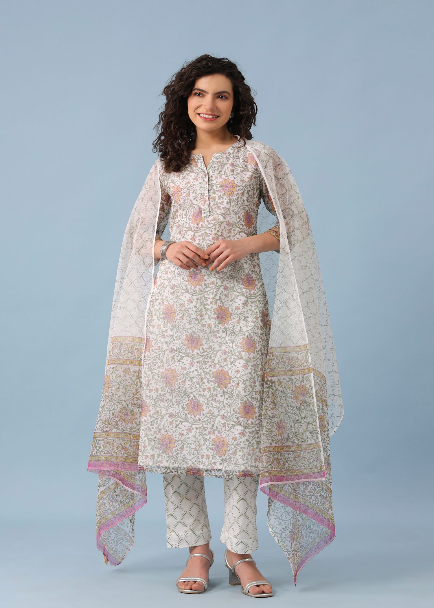 Maira Kota Doria Suit Set-Pink/White