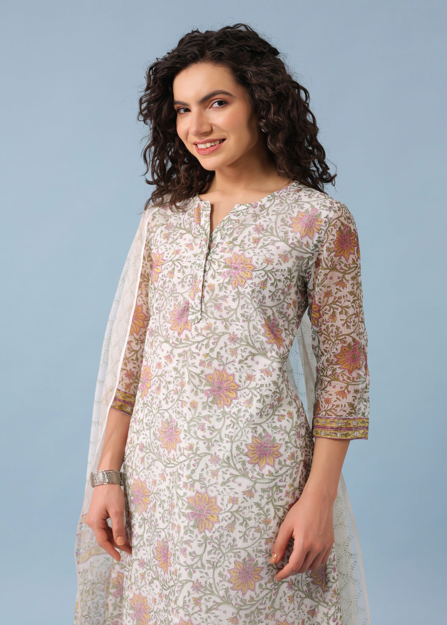 Maira Kota Doria Suit Set-Pink/White