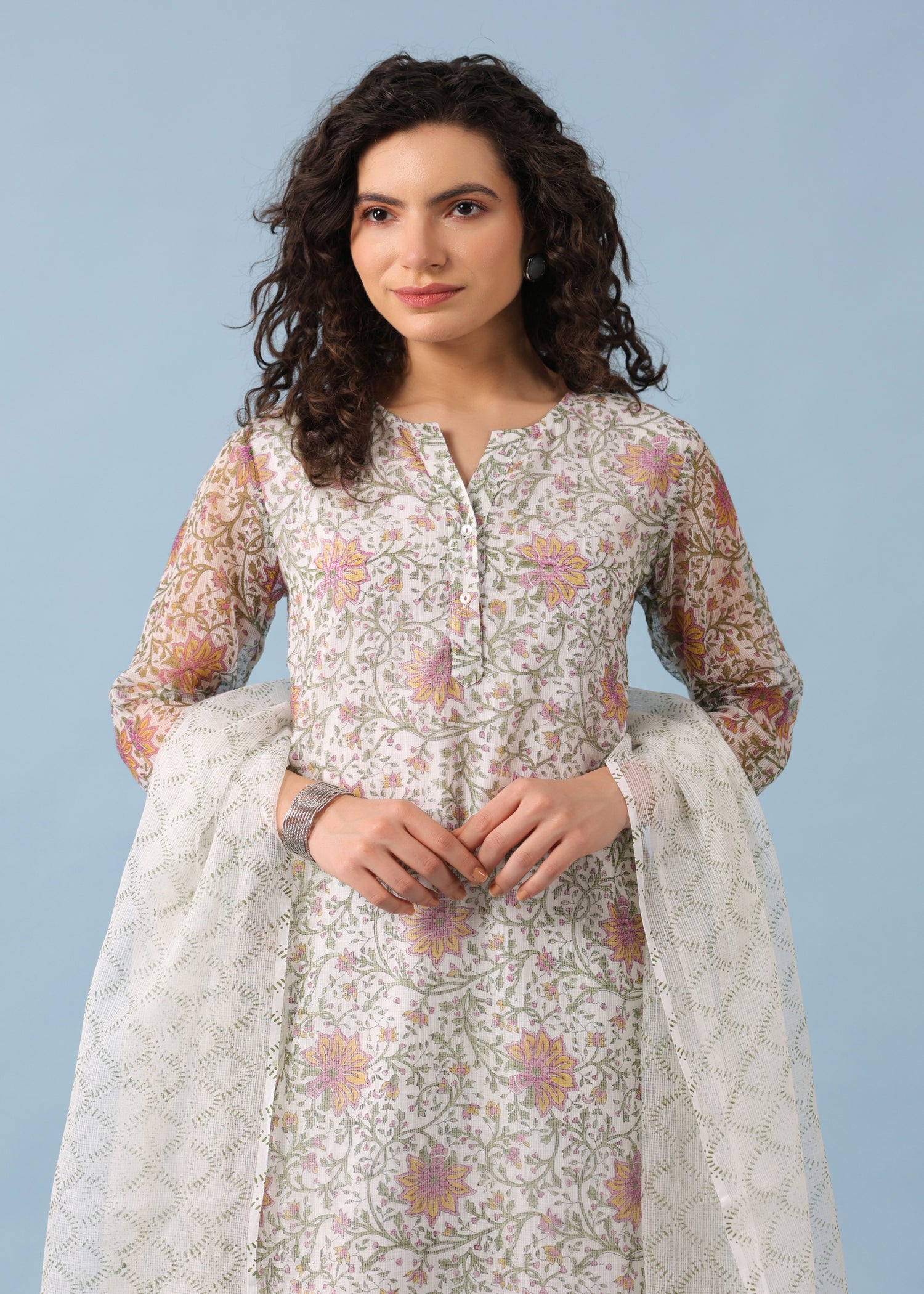 Maira Kota Doria Suit Set-Pink/White