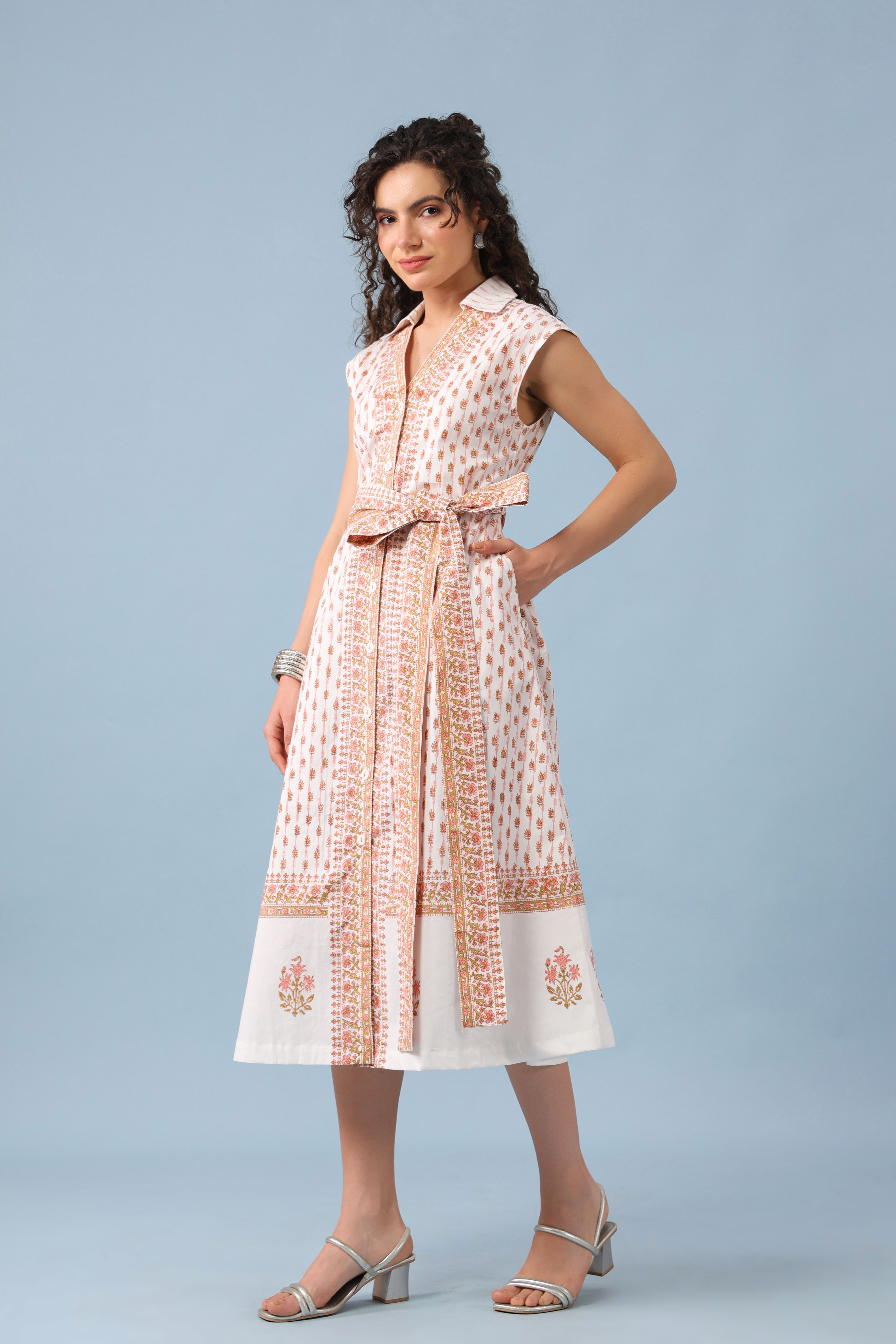 Fit & Flare Midi Dress-White/Peach