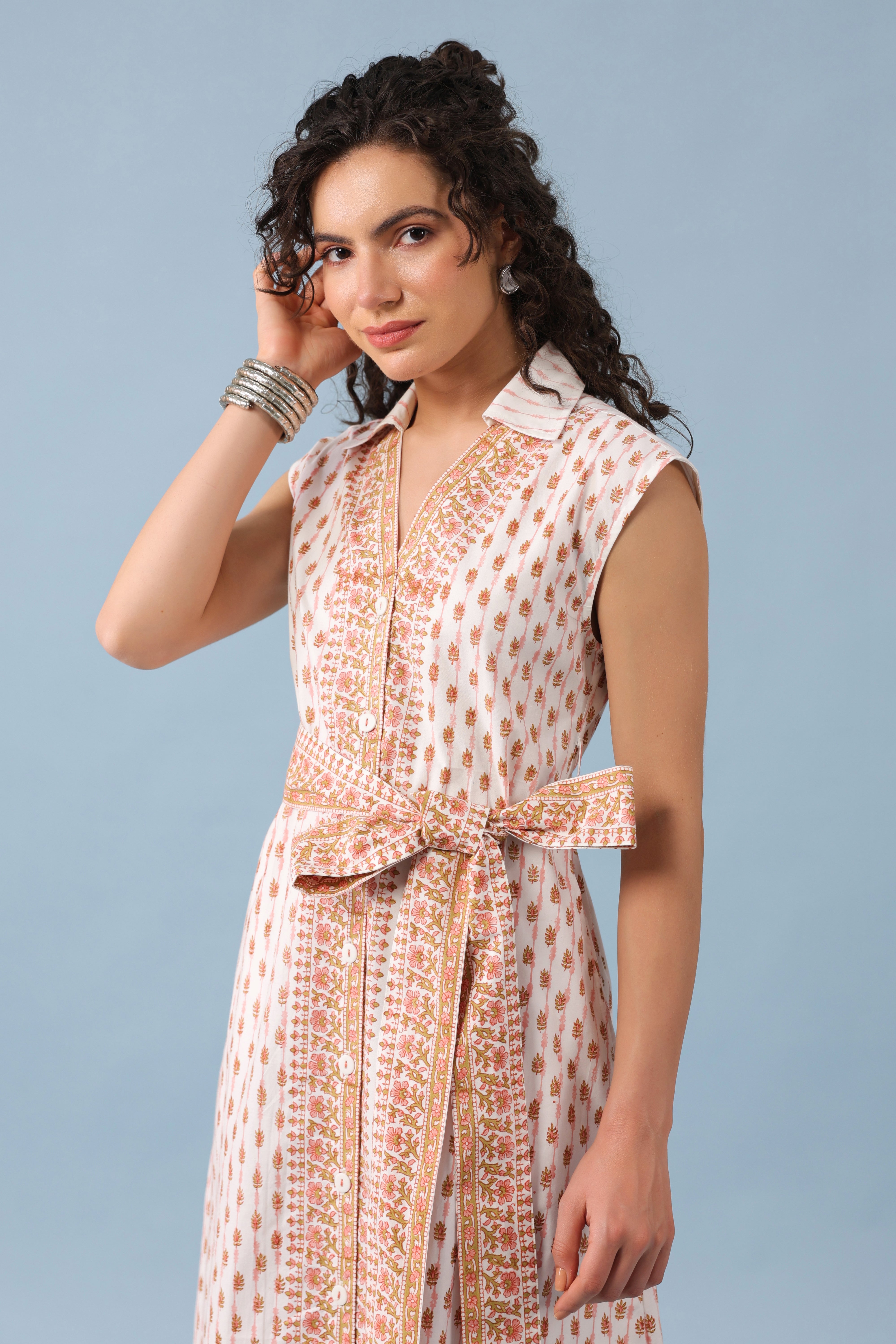 Fit & Flare Midi Dress-White/Peach