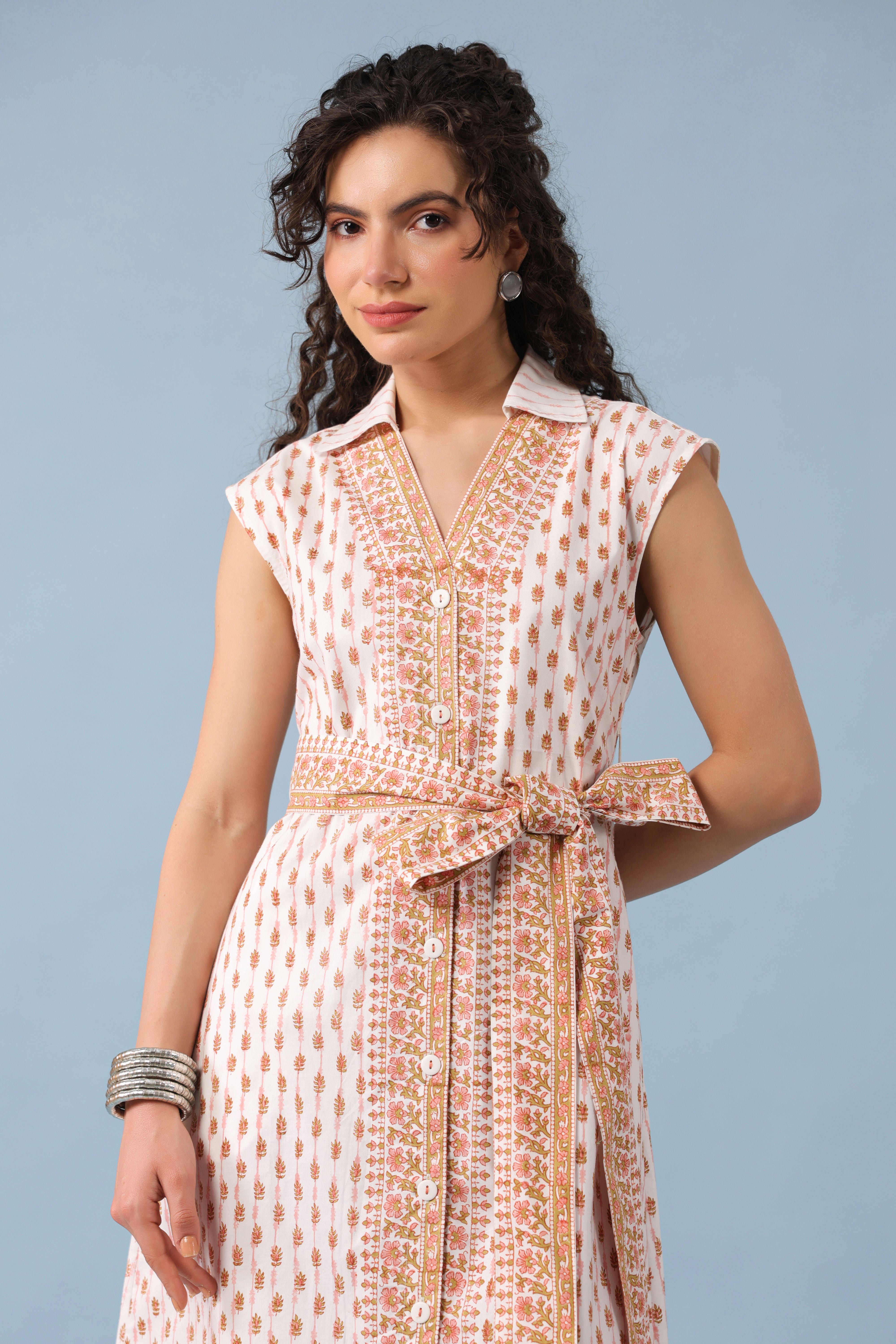 Fit & Flare Midi Dress-White/Peach