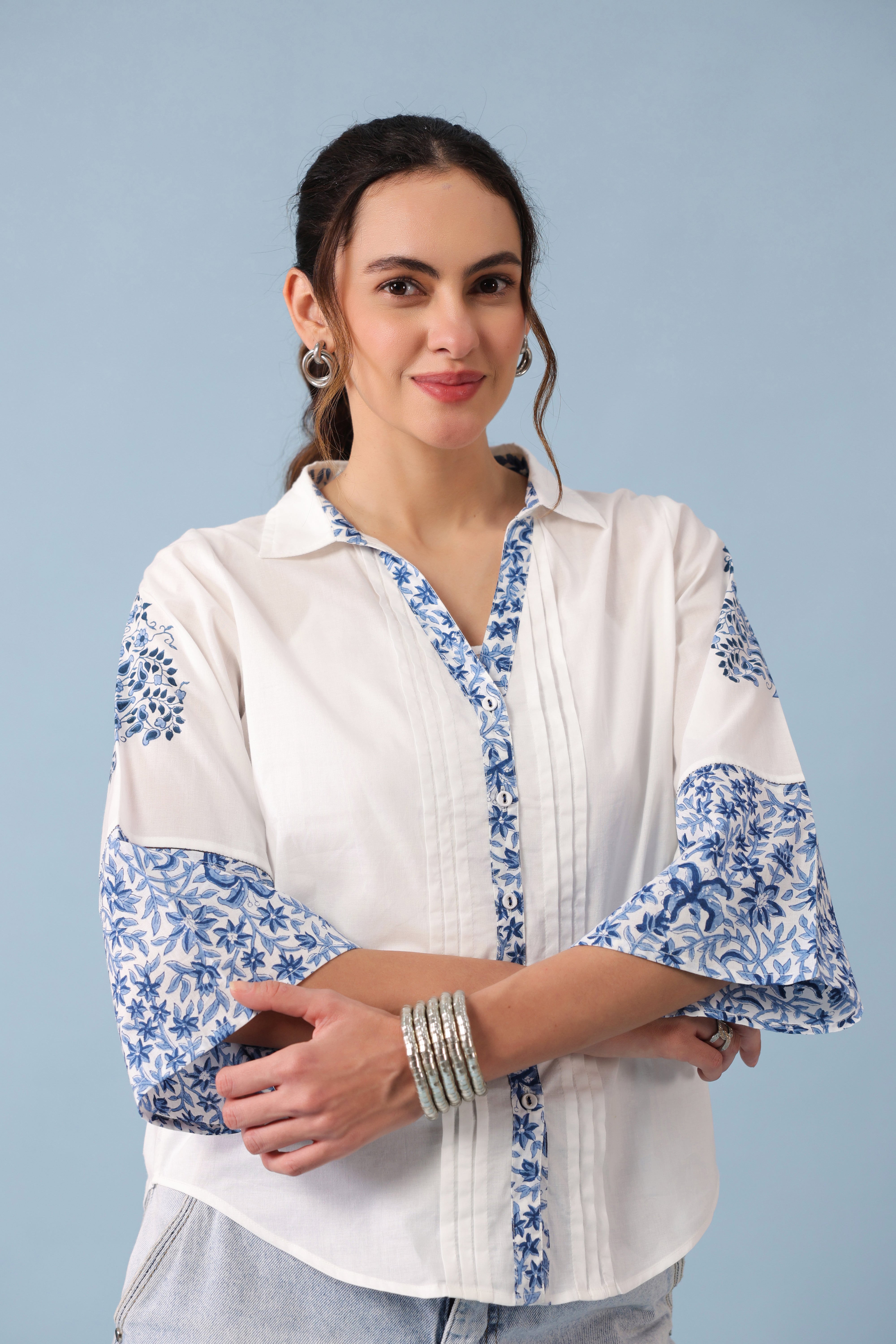 Loose Button Down Shirt – Blue/White