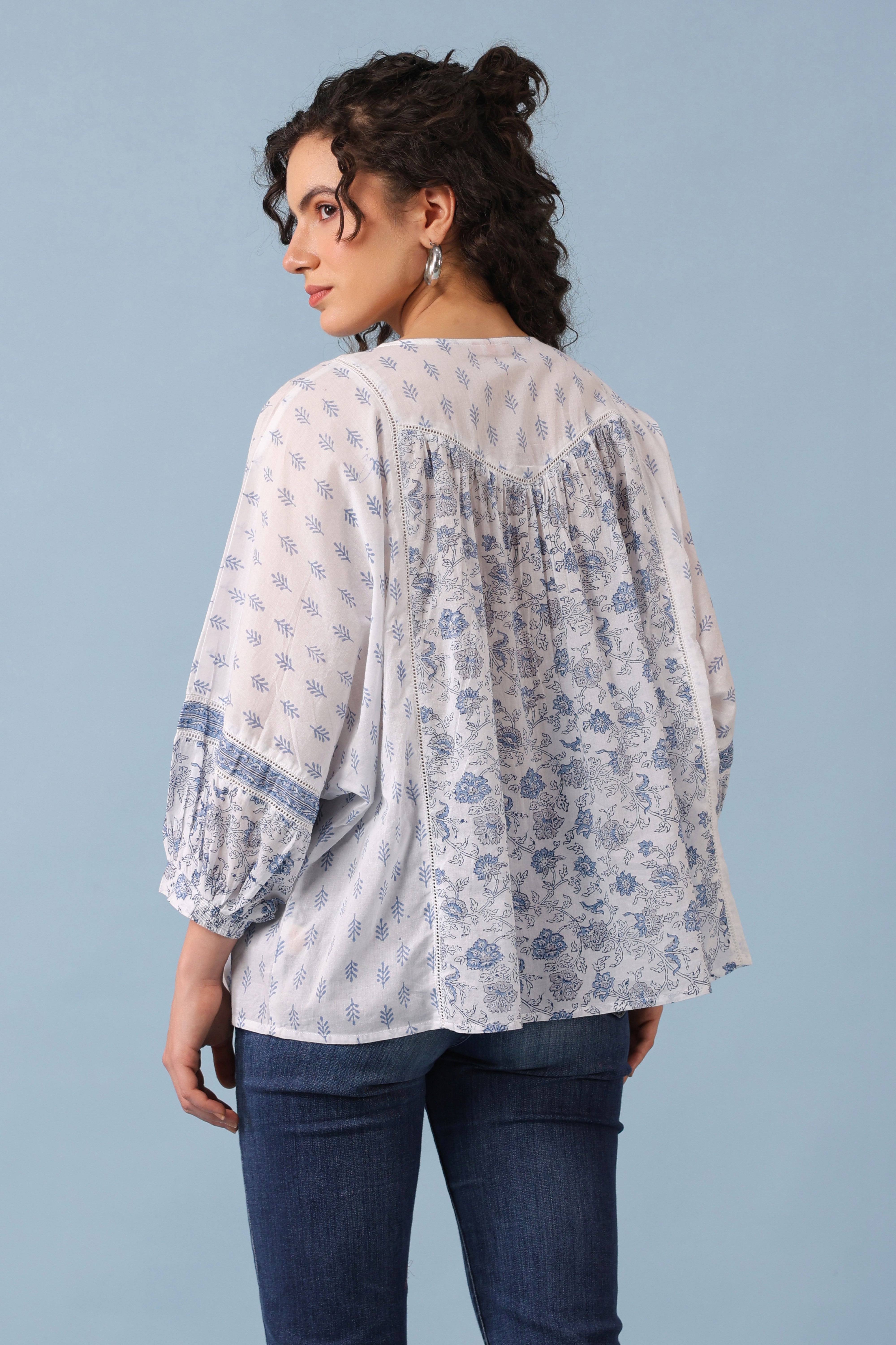 Batwing Gathered Top – Blue/White