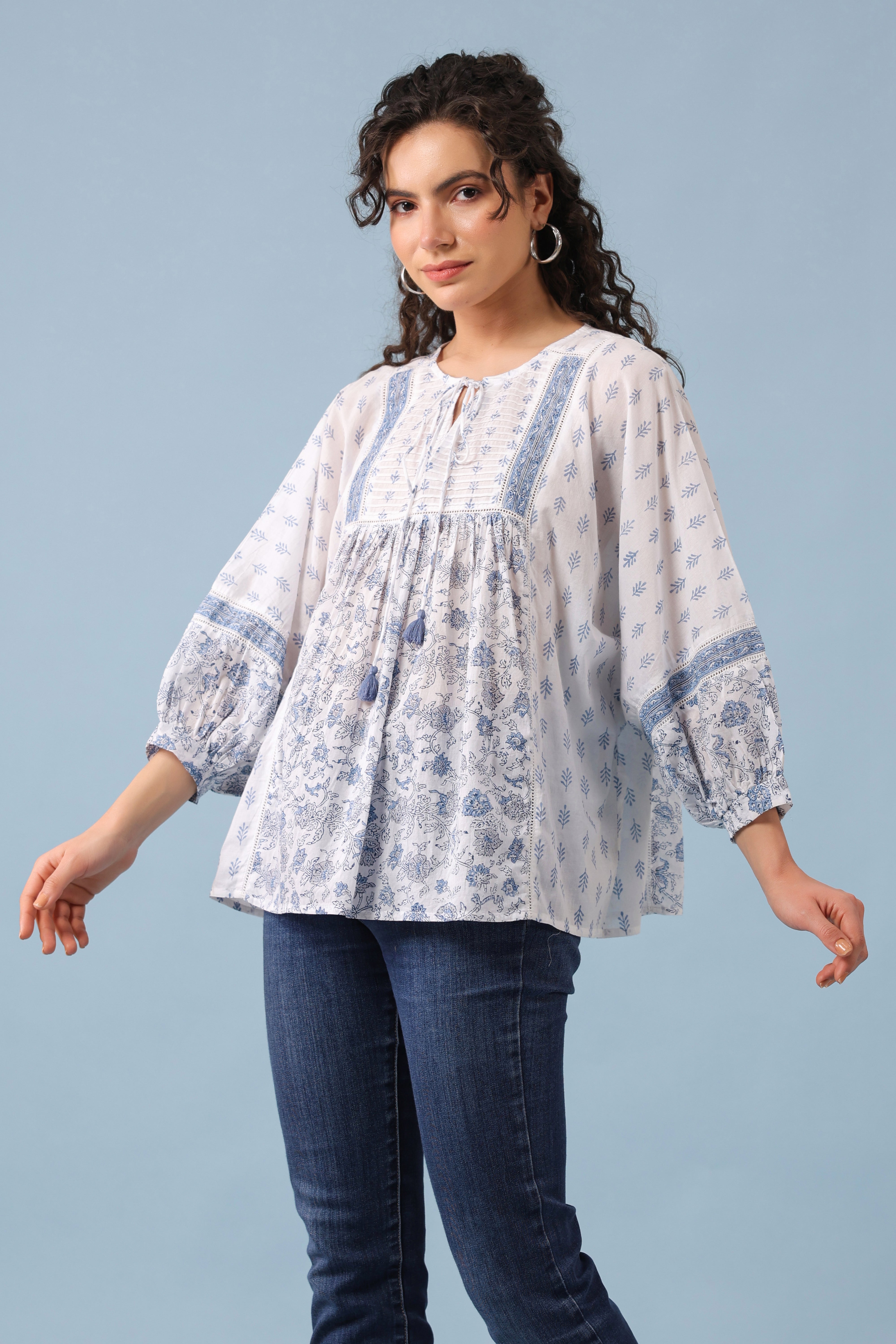 Batwing Gathered Top – Blue/White