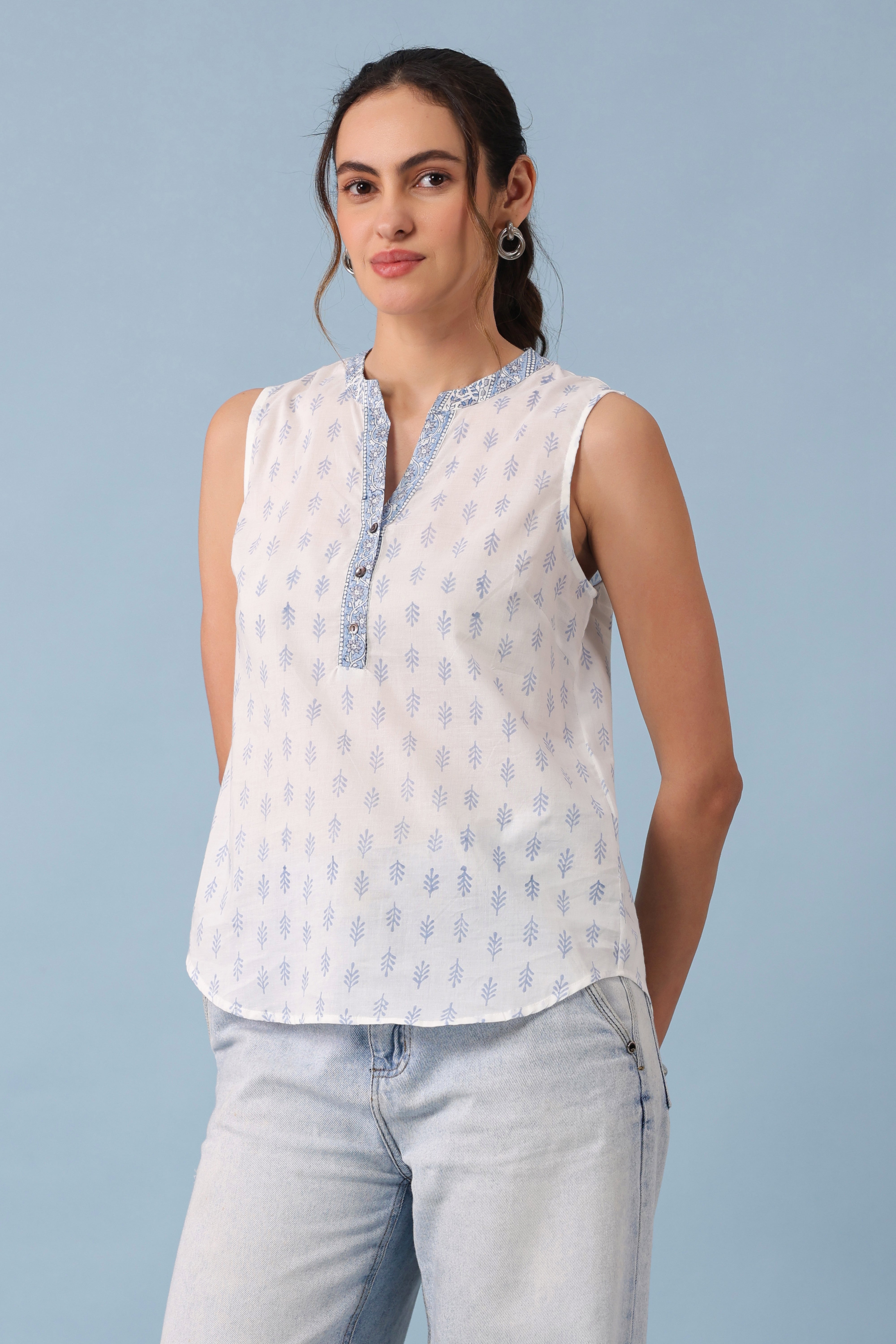 Cotton Sleeveless Top – Blue