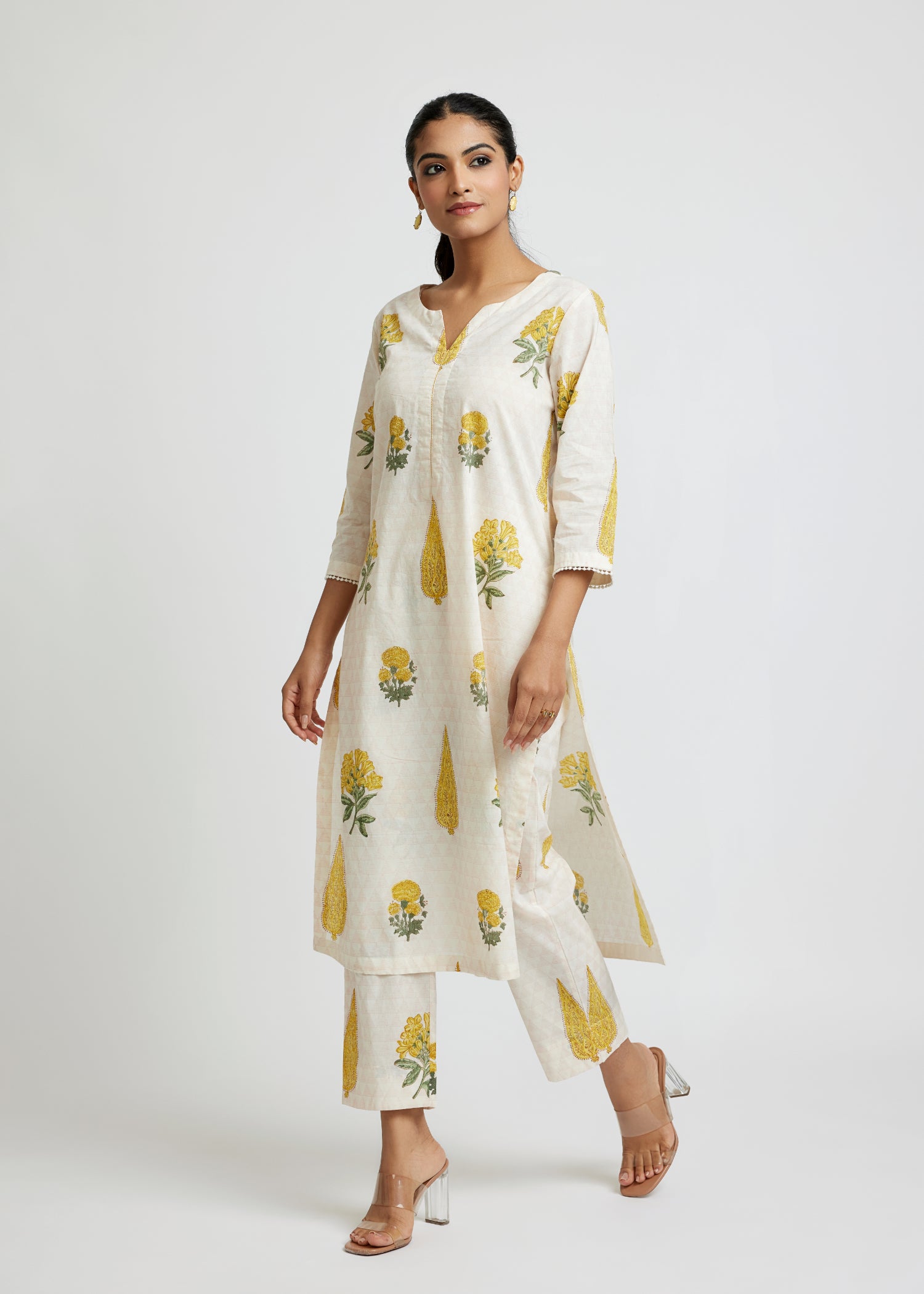 Regular Creme-Yellow Cotton Kurta Set Ratan Texprocess Pvt. Ltd