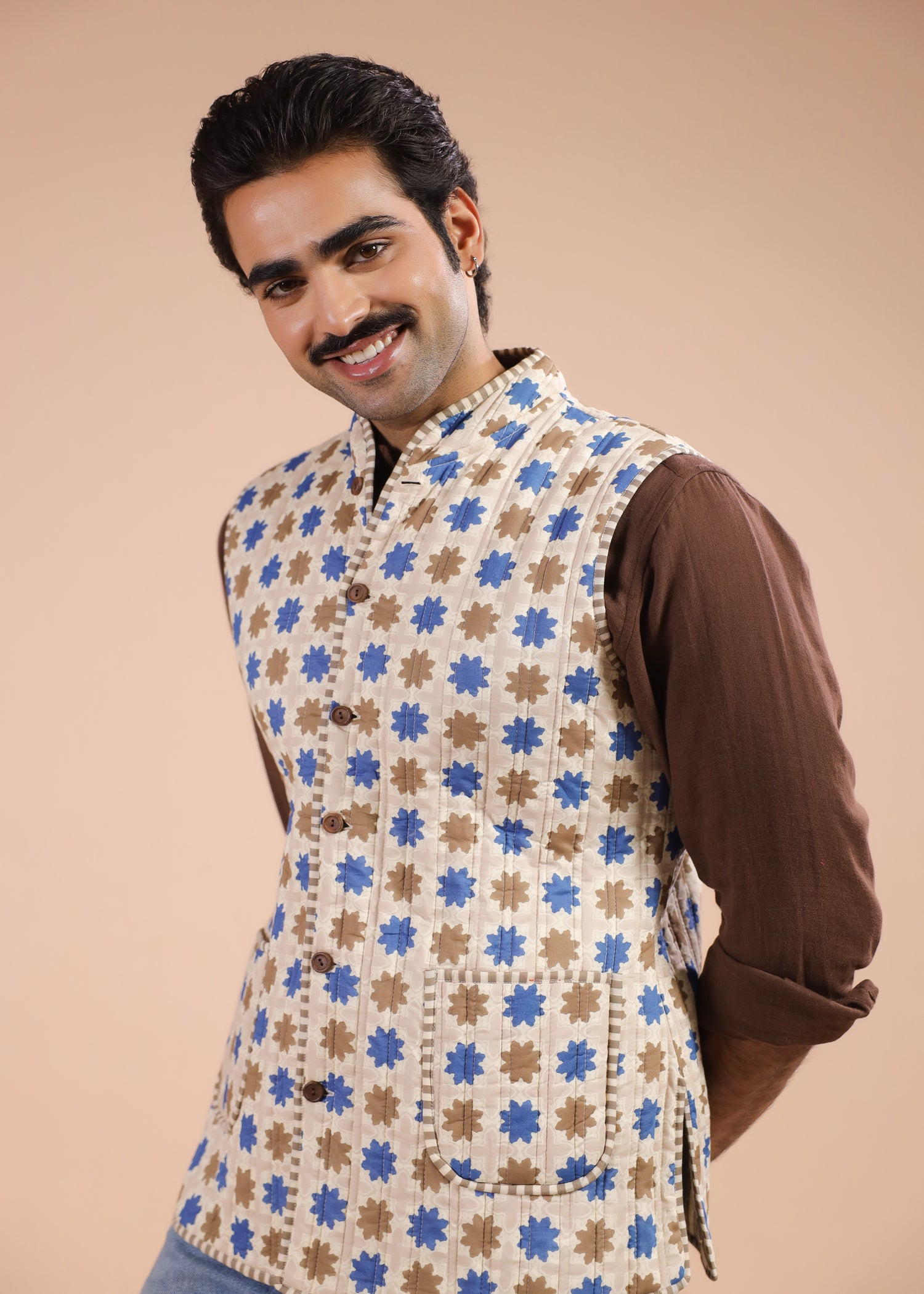 Printed Voile Reversible Jacket – Beige/Blue