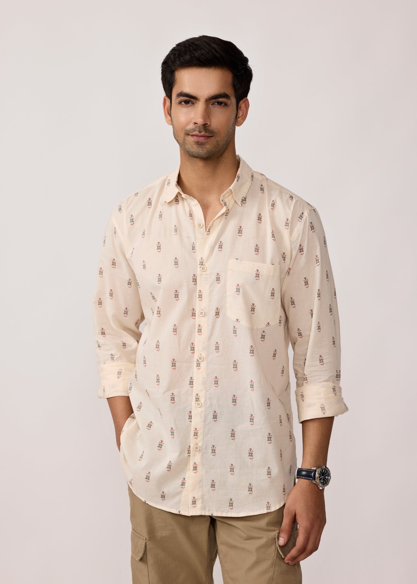 Full Sleeves Collar Shirt-Creme/Grey