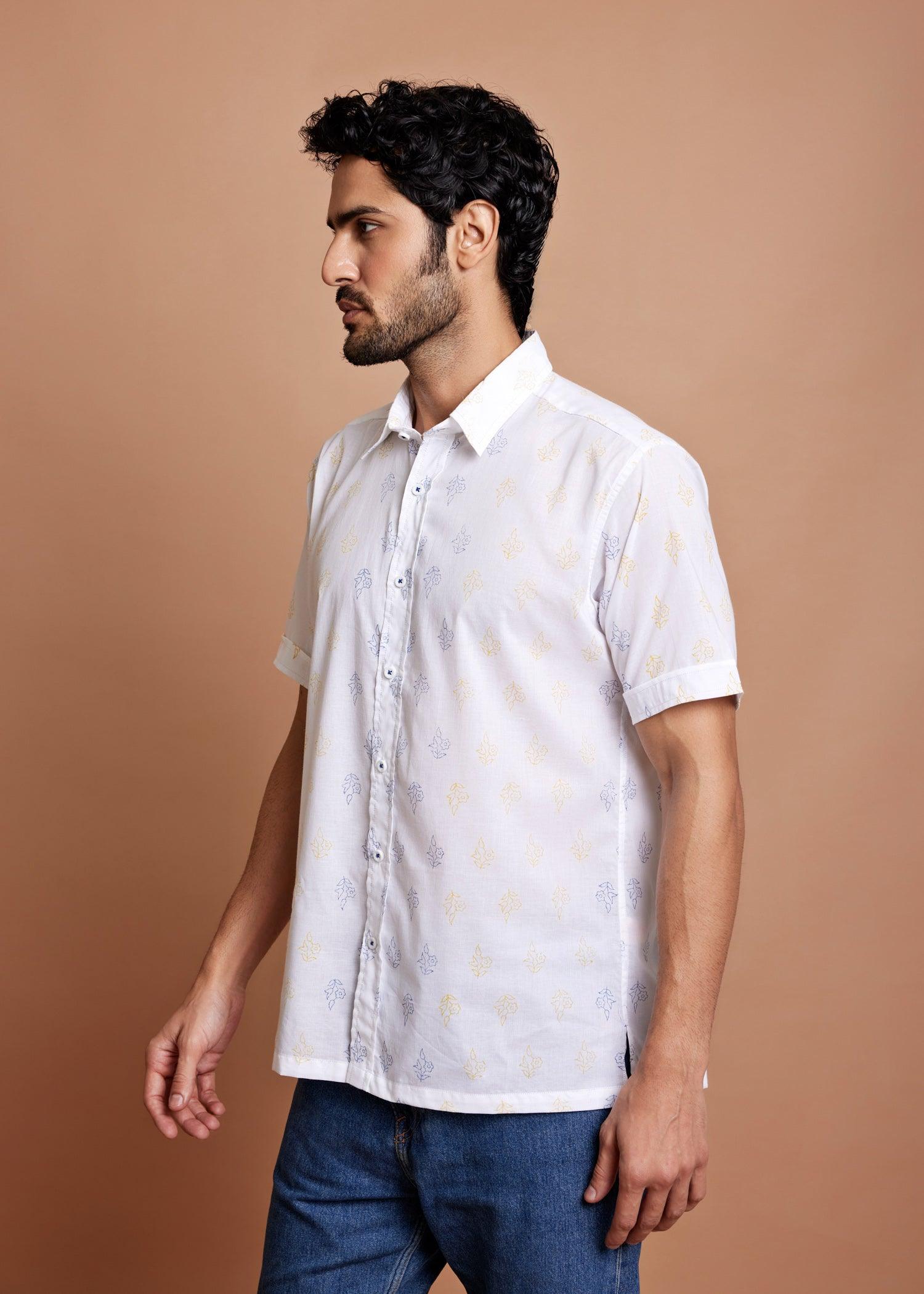 White Yellow & Blue Regular Cotton Half Sleeve Shirt Ratan Texprocess Pvt. Ltd