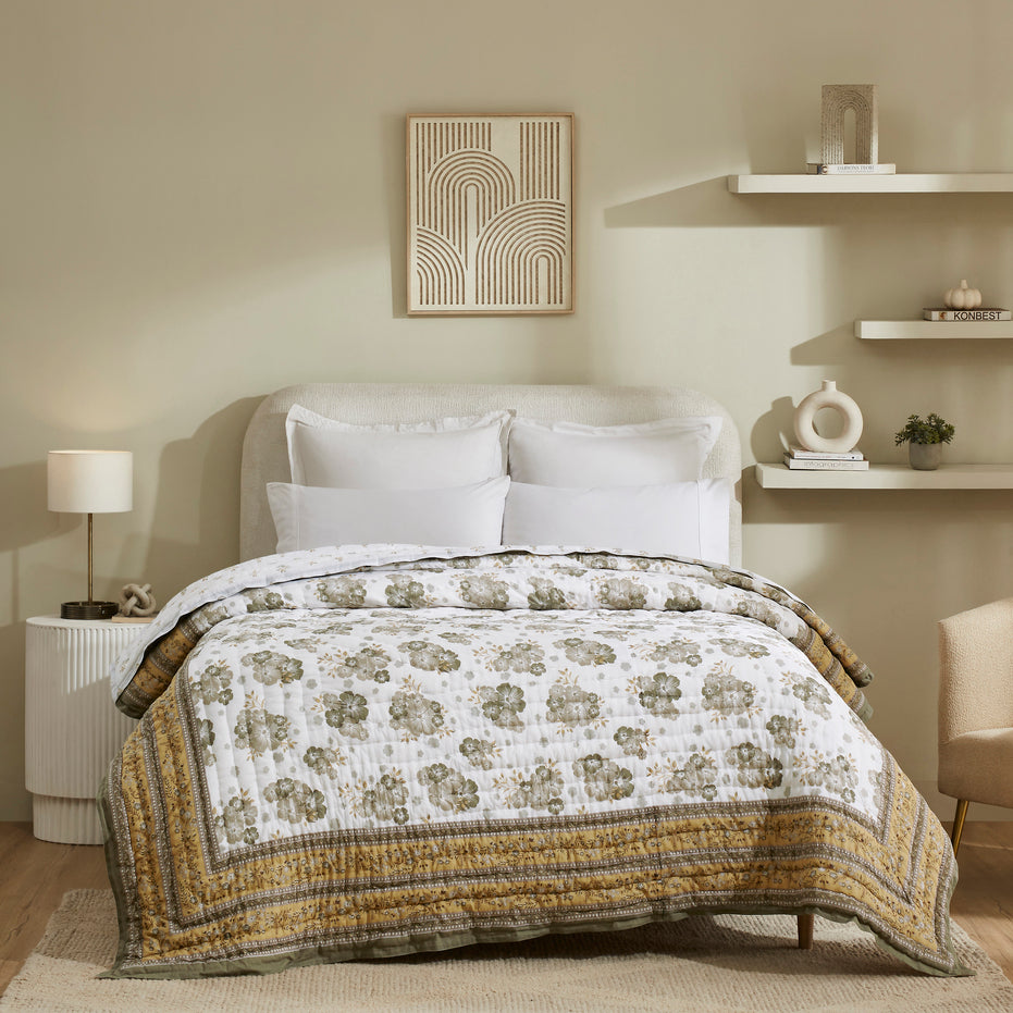 Flax Linen Lightweight Cotton Quilt – Yellow/Grey
