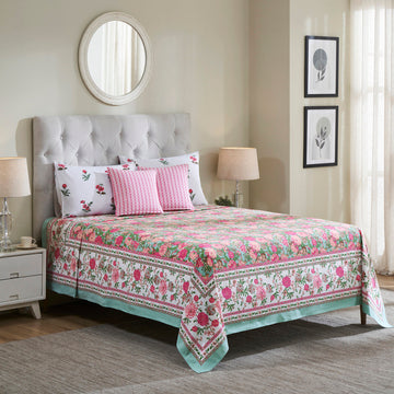 Tarangini Cotton Bedcover – Pink/Green
