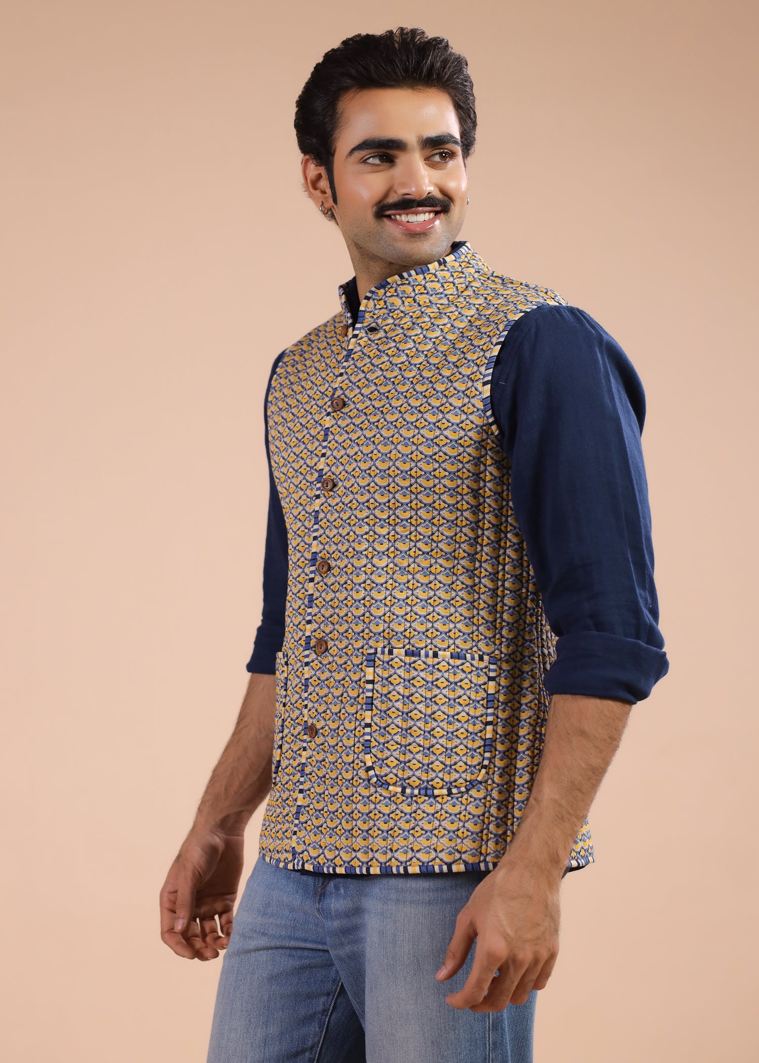 Printed Voile Reversible Jacket – Yellow/Blue