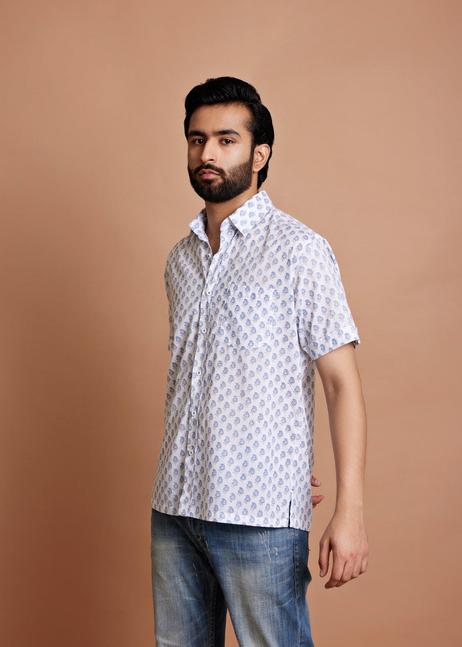 White & Moonlight Blue Regular Cotton Half Sleeve Shirt Ratan Texprocess Pvt. Ltd