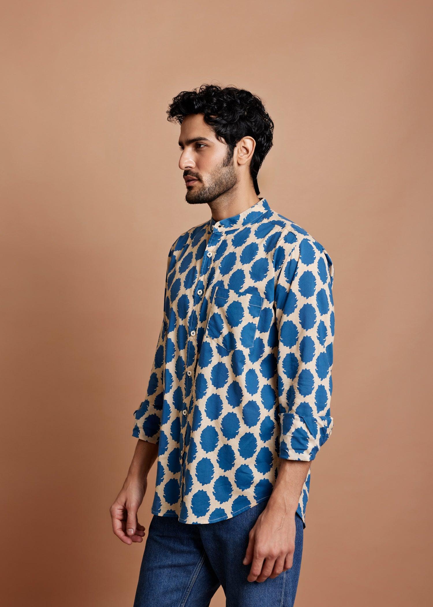 Cream & Blue Regular Cotton Full Sleeve Shirt Ratan Texprocess Pvt. Ltd