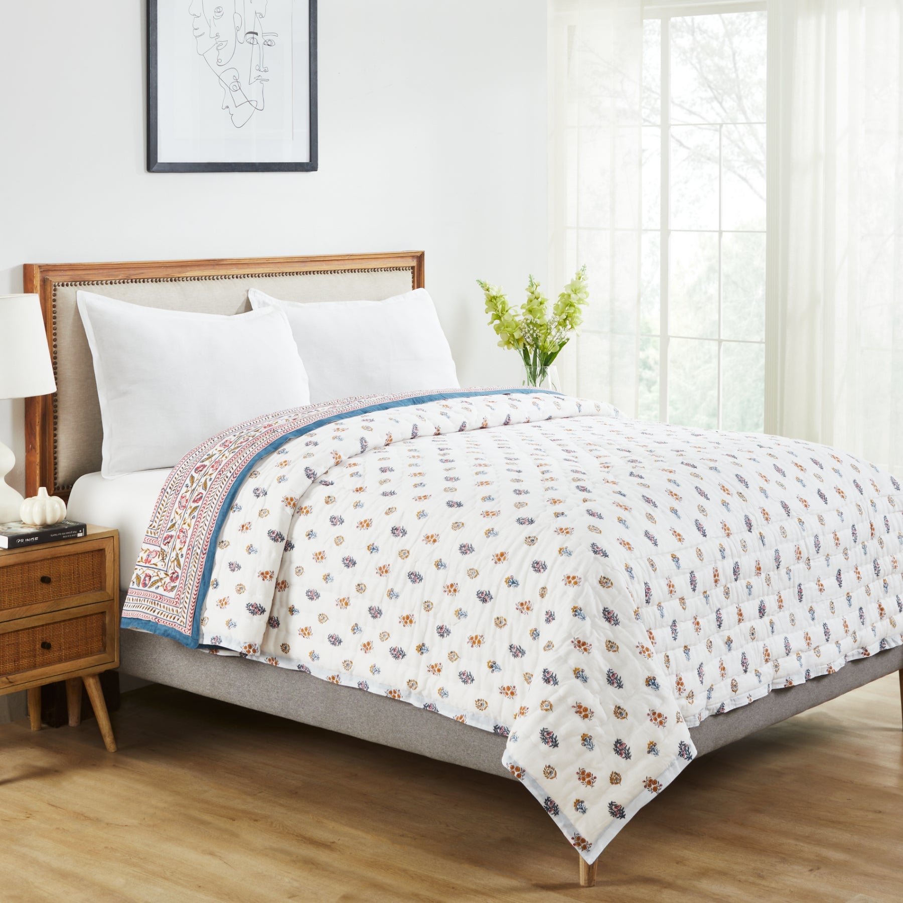 Cannonball Quilt Detail – Hand-Printed Cannonball Tree Motif, Ratan Jaipur