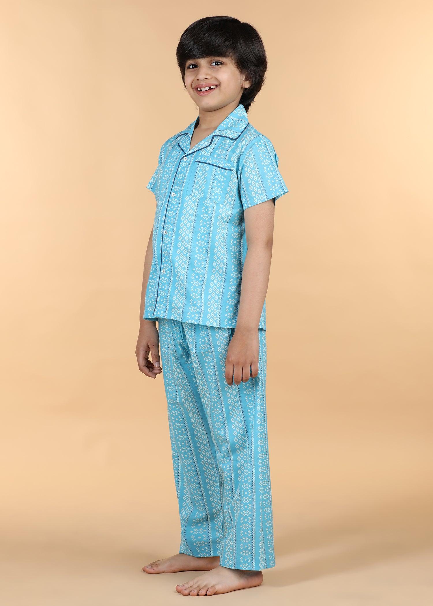 Diamond Stripe Blue Half Sleeves Cotton Unisex Nightsuit (1-12 Yrs) Ratan Texprocess Pvt. Ltd