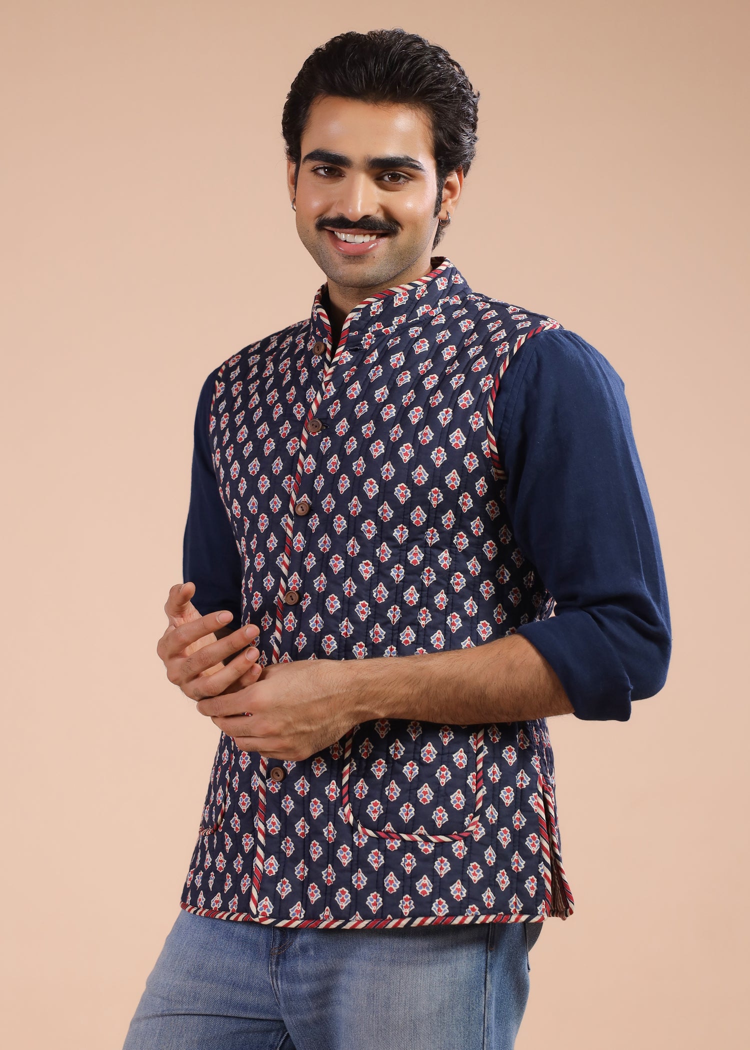 Printed Voile Reversible Jacket – Navy Red