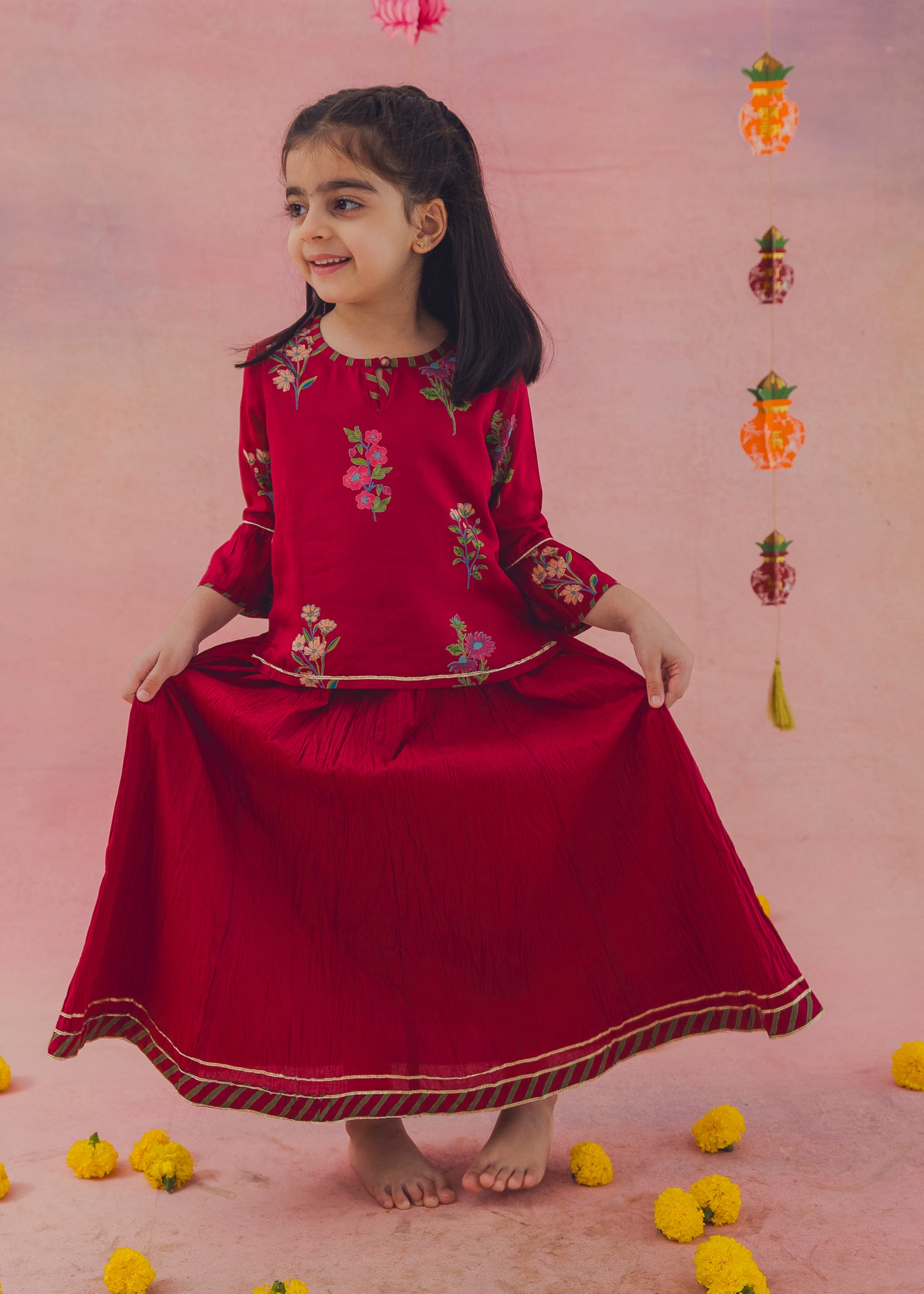 Hazel Top Ahana Skirt Skirt Set – Maroon (2-12Yrs)