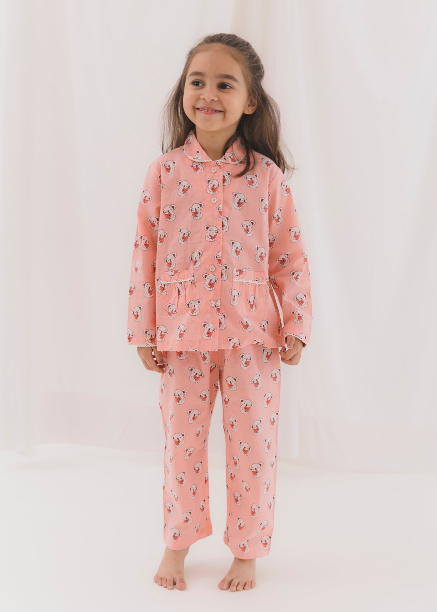 Teddie Light Pink Full Sleeves Cotton Nightsuit (1-12 Yrs)