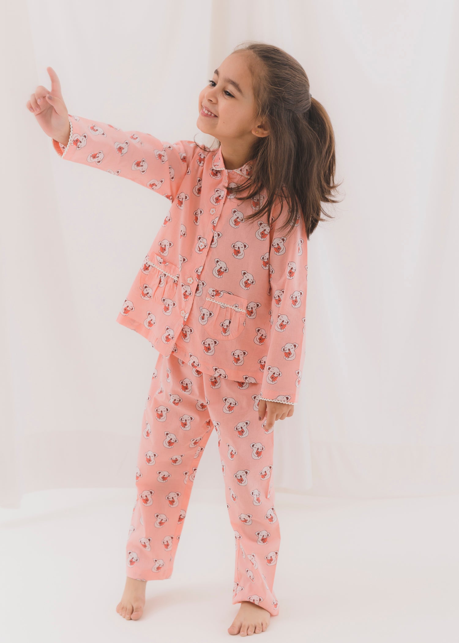 Teddie Light Pink Full Sleeves Cotton Nightsuit (1-12 Yrs)