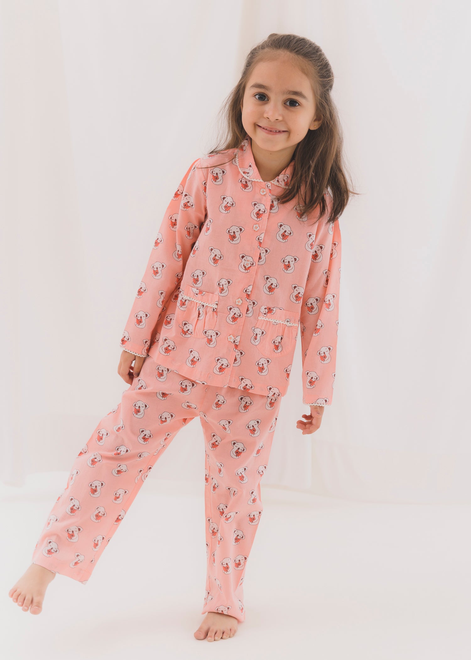 Teddie Light Pink Full Sleeves Cotton Nightsuit (1-12 Yrs)