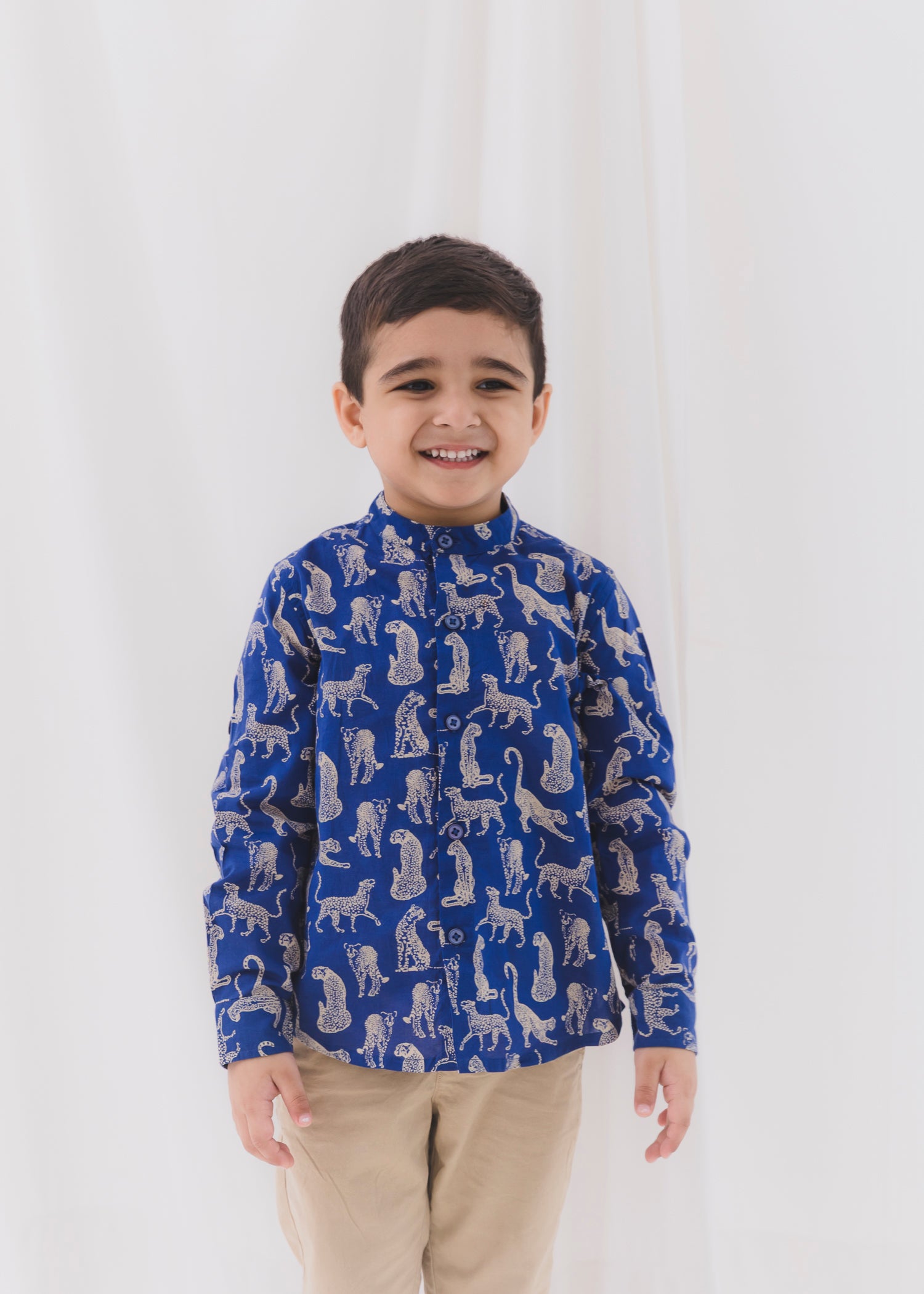 Leopard Blue Cotton Full Shirt Boys (6 Months-12 Years)