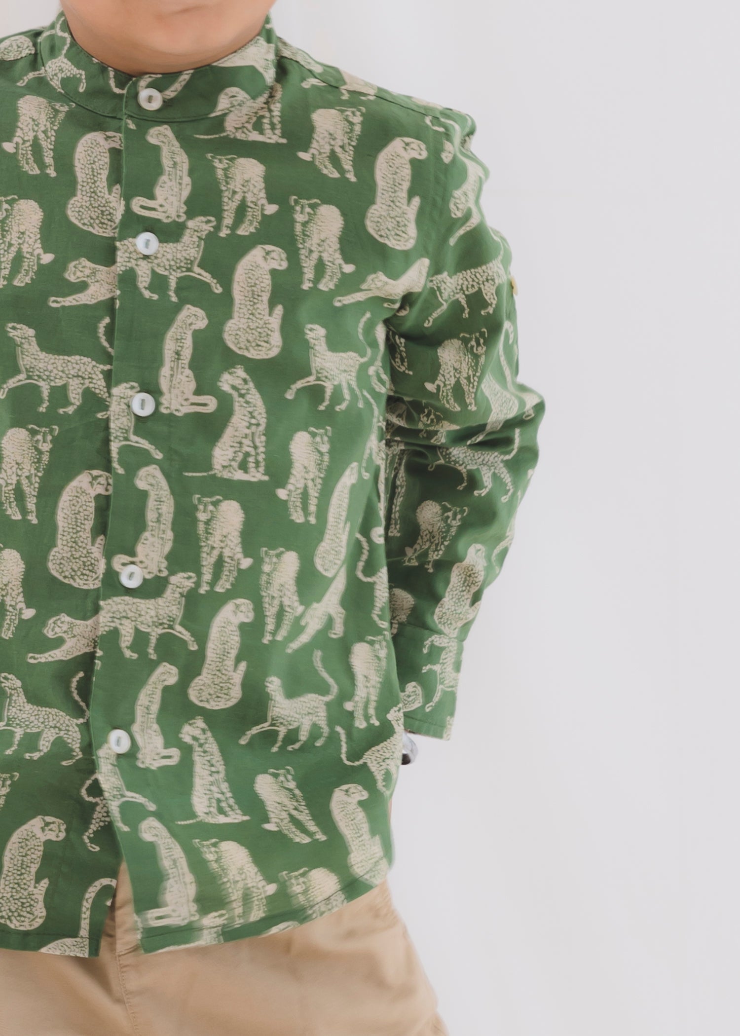 Leopard Green Cotton Full Shirt Boys (6 Months-12 Years)