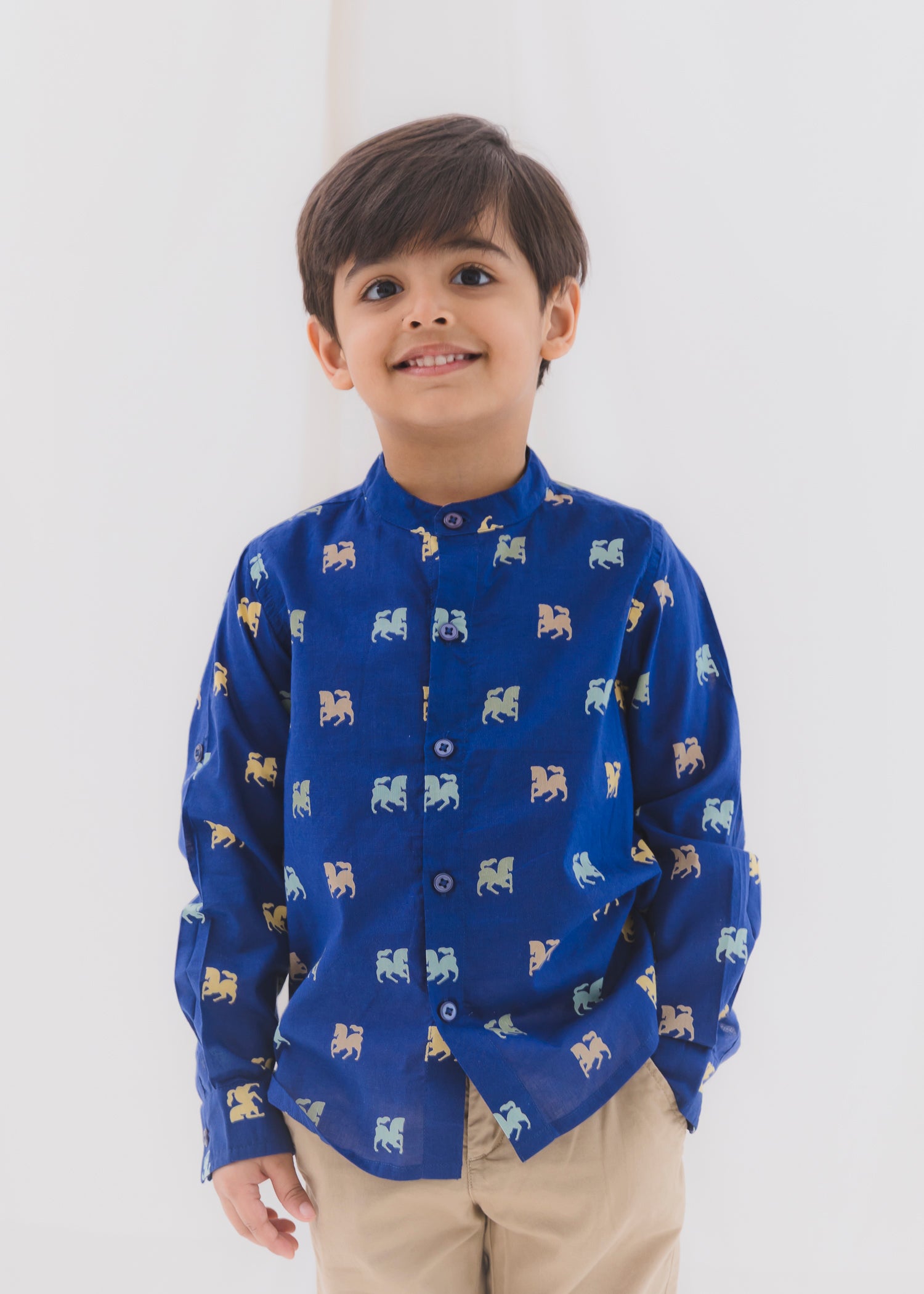 Horse Blue Cotton Full Shirt Boys (6 Months-12 Years)