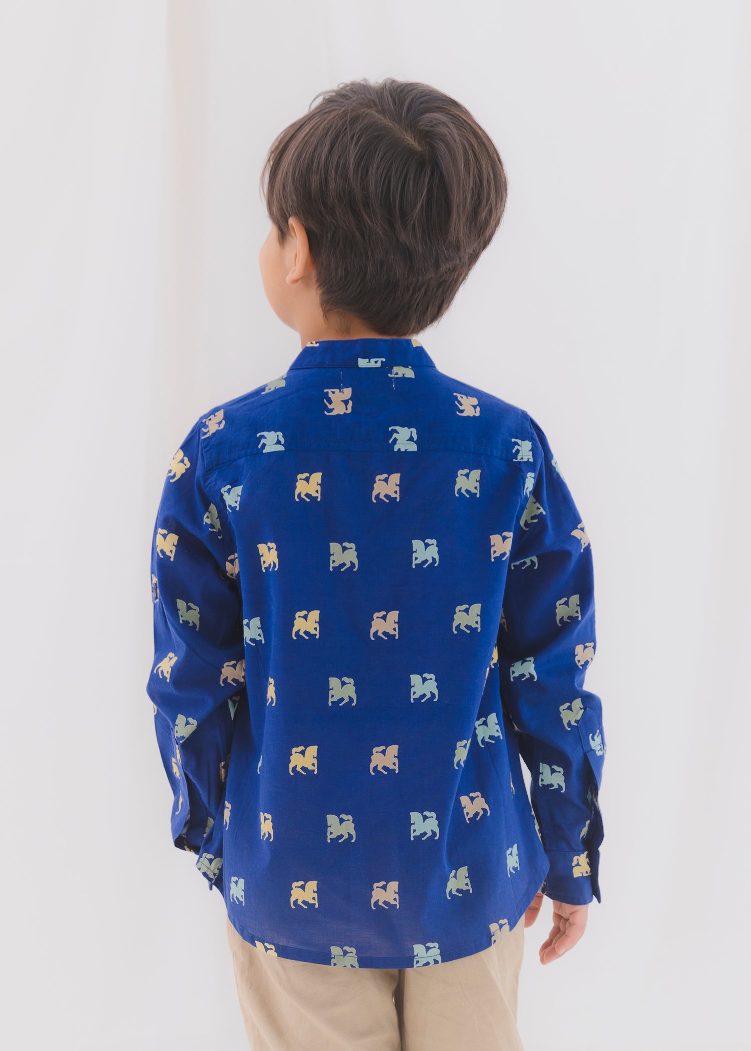 Horse Blue Cotton Full Shirt Boys (6 Months-12 Years)