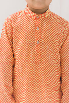 Checks Cotton Kurta-Orange (12 Month to 12 Year)