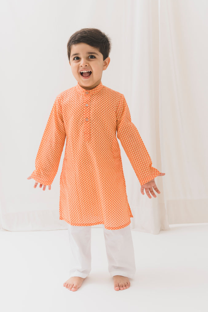 Checks Cotton Kurta-Orange (12 Month to 12 Year)