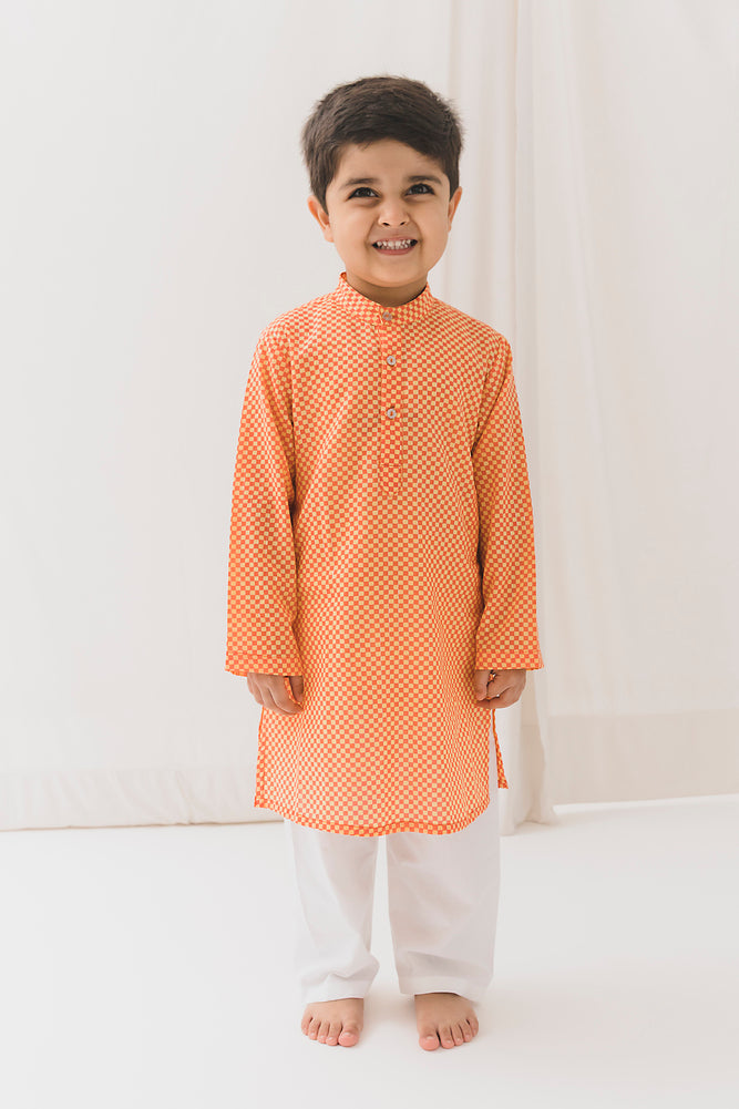 Checks Cotton Kurta-Orange (12 Month to 12 Year)
