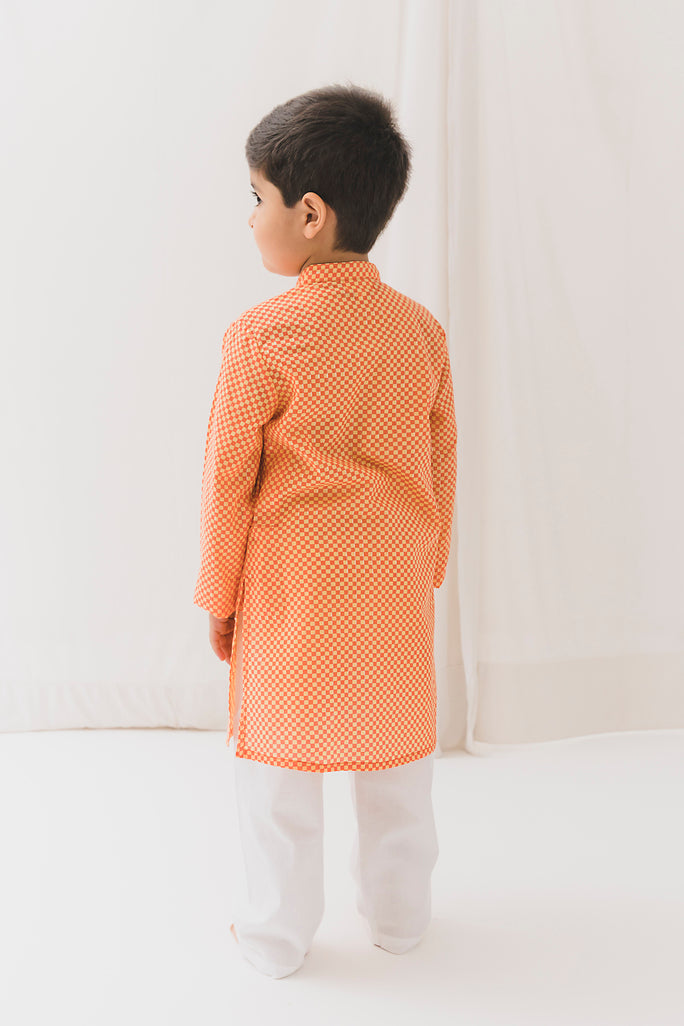 Checks Cotton Kurta-Orange (12 Month to 12 Year)