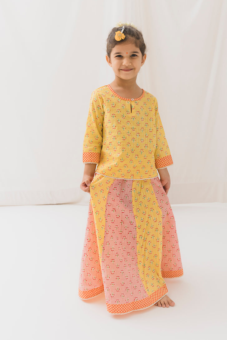 Diya Cotton Top Skirt Set -Yellow/Pink (12 Month to 12 Year)
