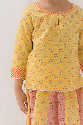 Diya Cotton Top Skirt Set -Yellow/Pink (12 Month to 12 Year)