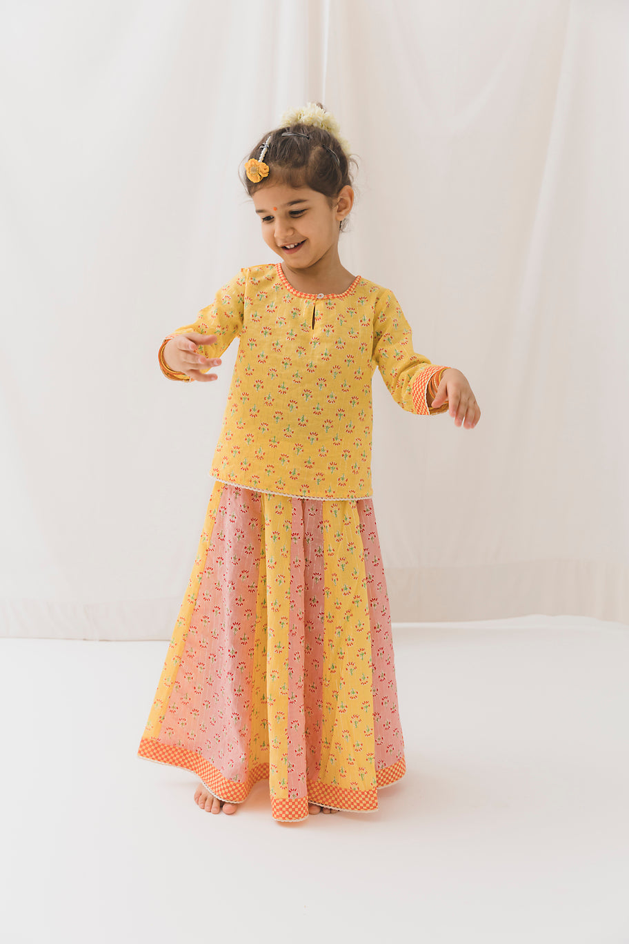 Diya Cotton Top Skirt Set -Yellow/Pink (12 Month to 12 Year)