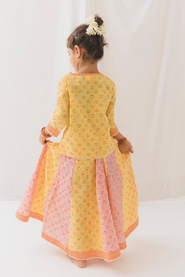 Diya Cotton Top Skirt Set -Yellow/Pink (12 Month to 12 Year)