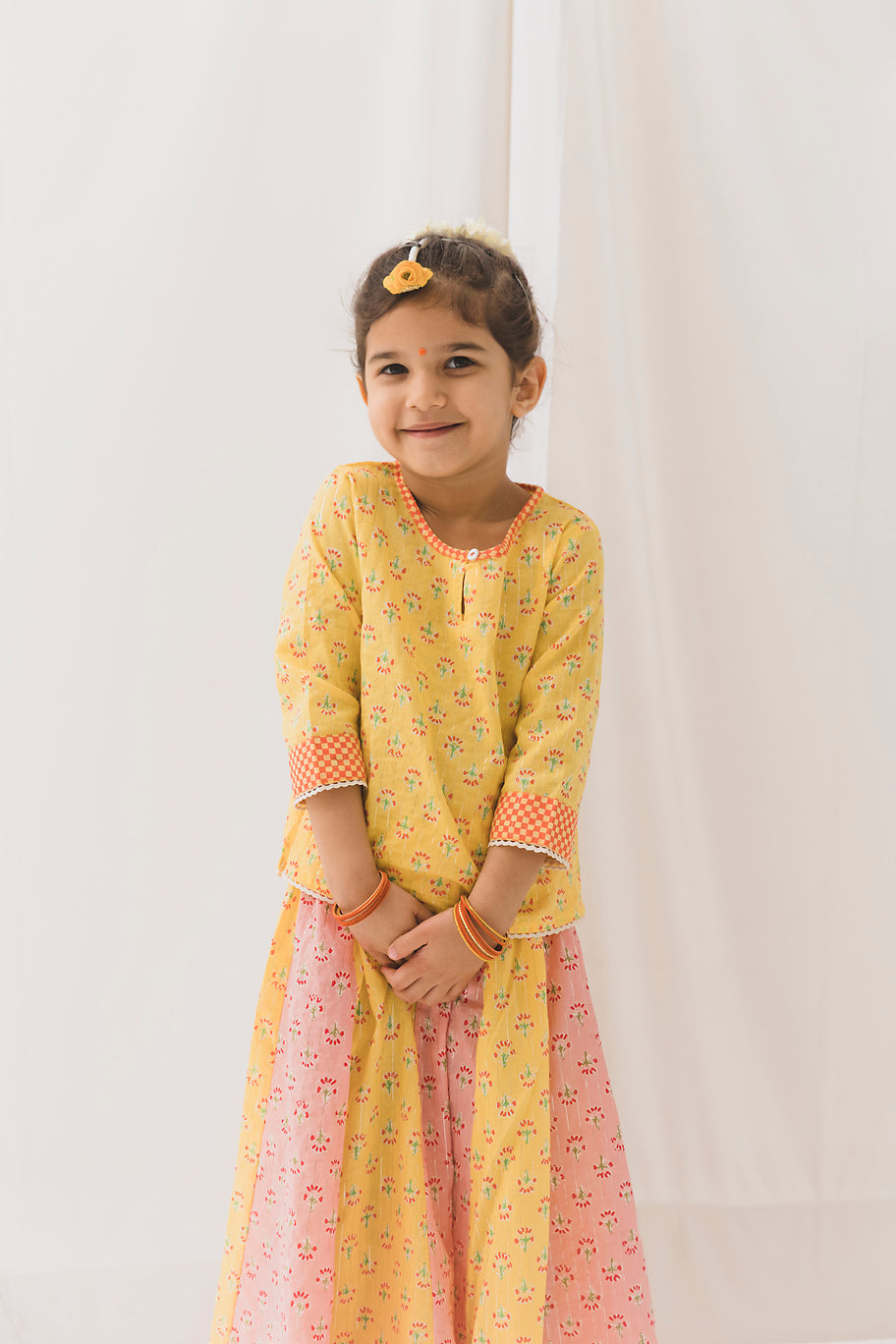 Diya Cotton Top Skirt Set -Yellow/Pink (12 Month to 12 Year)