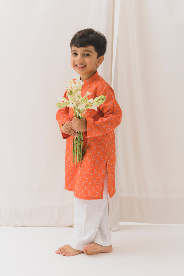 Pallav Cotton Kurta-Orange (12 Month to 12 Year)