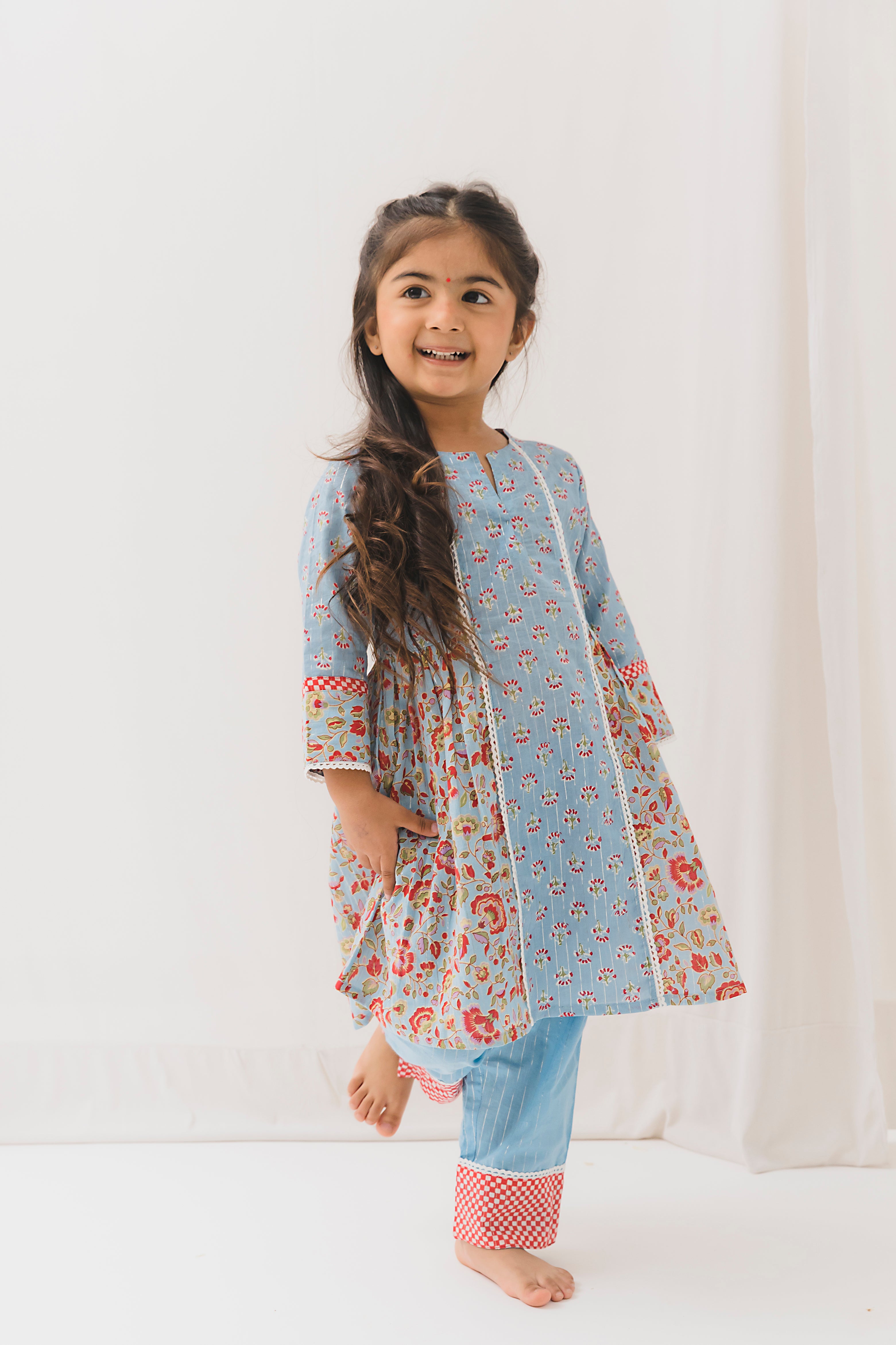 Gauri Cotton Kurta Pant Set-Blue ( 2 Year to 12 Year)