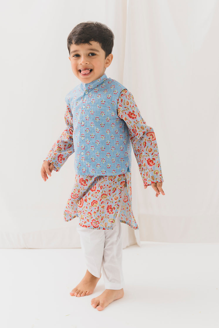 Nikunj Cotton Kurta Bundi Set-Blue (12 Month to 12 Year)