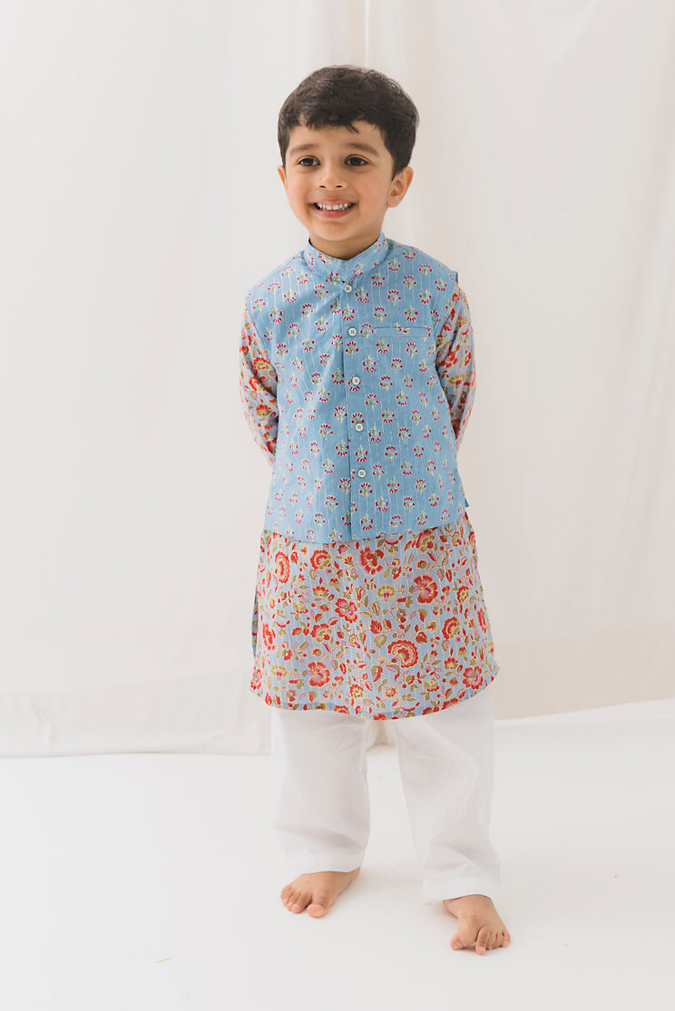 Nikunj Cotton Kurta Bundi Set-Blue (12 Month to 12 Year)