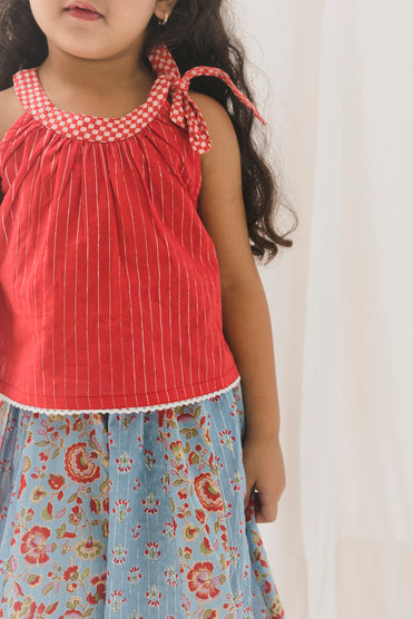 Diya Cotton Top Skirt Set -Blue/Red (12 Month to 12 Year)