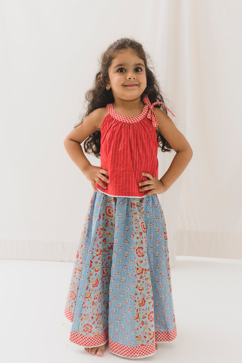 Diya Cotton Top Skirt Set -Blue/Red (12 Month to 12 Year)