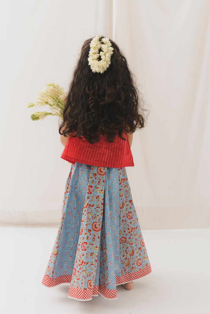 Diya Cotton Top Skirt Set -Blue/Red (12 Month to 12 Year)
