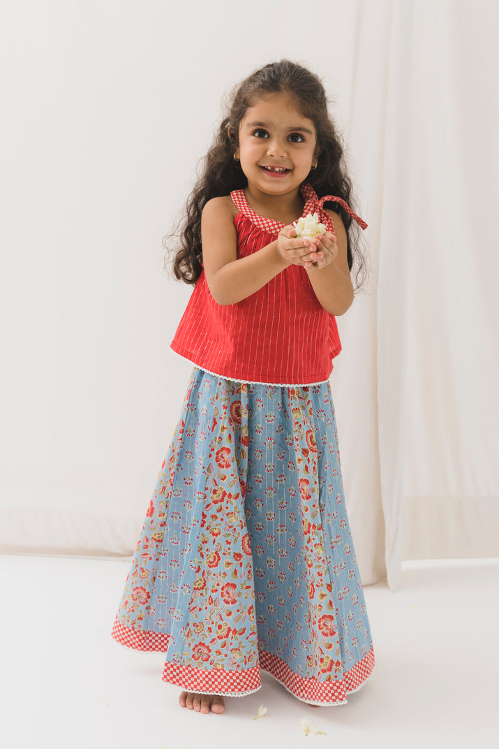 Diya Cotton Top Skirt Set -Blue/Red (12 Month to 12 Year)