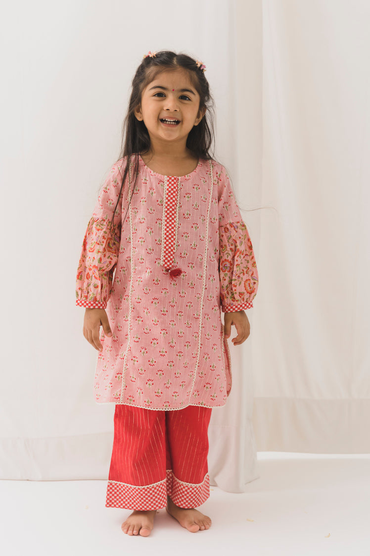 Aarvi Cotton Kurta Pant Set – Pink/Red ( 2 Year to 12 Year)