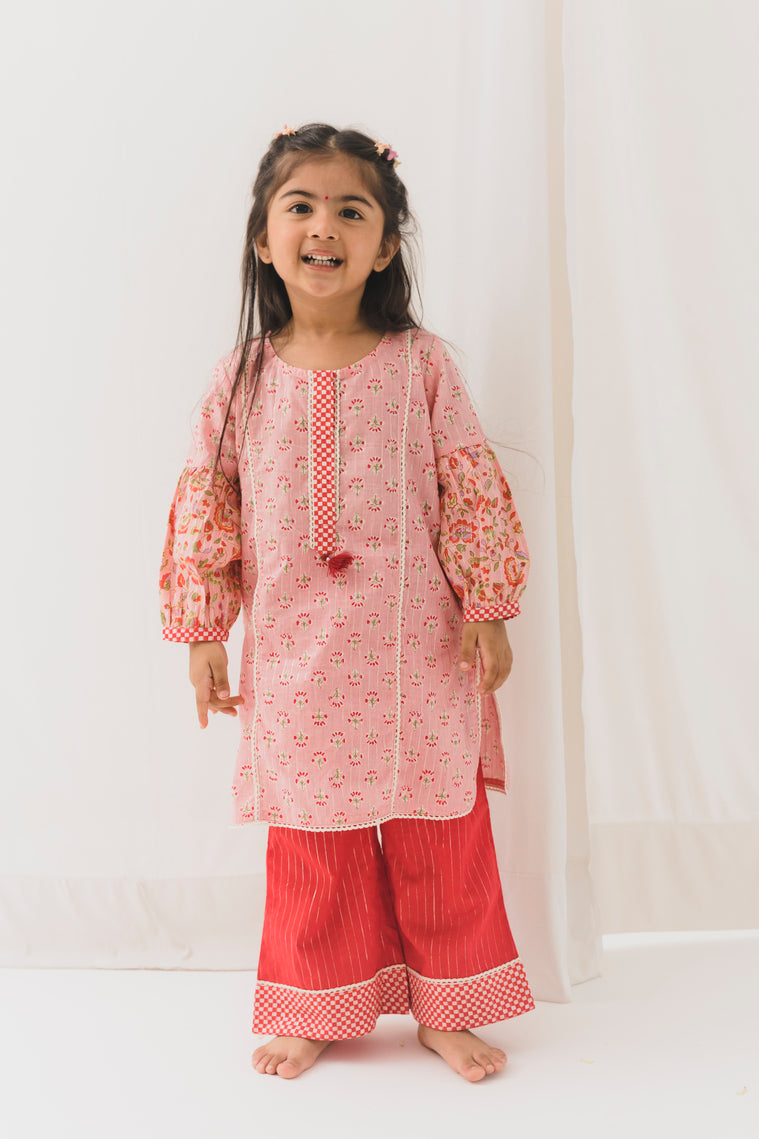 Aarvi Cotton Kurta Pant Set – Pink/Red ( 2 Year to 12 Year)